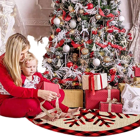 Jupe De Sapin De Noël Ronde Tissu Brossé Motif Écossais Flocon De Neige Père Noël Renne Décoration De Fête Maison Festive