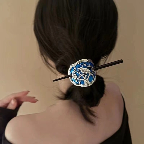 Vintage Chinese Style Hair Stick Blue Enamel Cloisonne Bird And Flower Pattern Wood Alloy Hairpin For Women