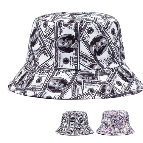 Fashion Acrylic Money Print Bucket Hat Unisex Outdoor Sun Protection Summer Banknote Pattern Fisherman Hat Streetwear Cap