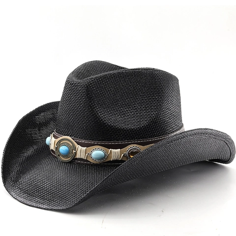 Western Cowboy Straw Hat With Turquoise Decorative Belt Wide Brim Sun Protection Bohemian Vintage Beach Sun Hat For Women Men