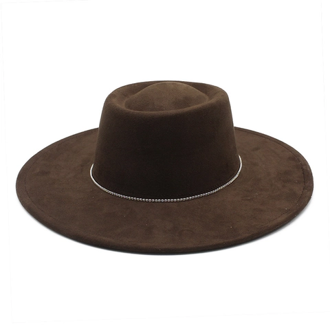 Vintage Fedora Hoed Met Brede Rand Suède Vilt Platte Kroon Met Strass Ketting Dames Britse Stijl Frans Retro Verstelbaar