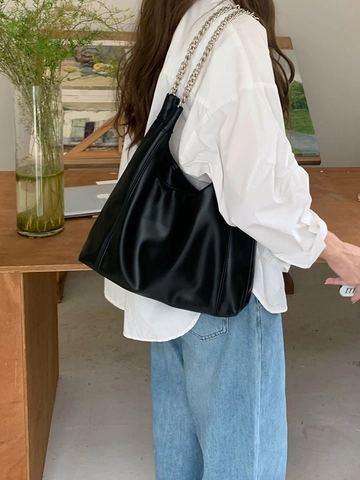 Borsa A Spalla Da Donna Morbida Pelle PU Catena Argentata Grande Capacità Hobo Tote Borsa Casual Pendolare