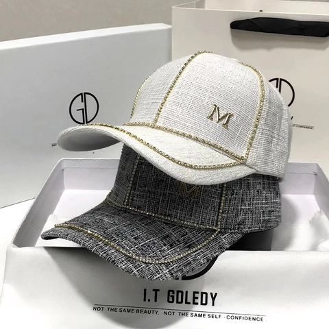 Fashion Polyester Tweed Baseball Cap For Women Elegant Rhinestone Letter M Metal Decor Sunshade Adjustable Casual Hat