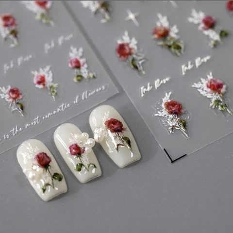 Autocollants À Ongles Rose Rouge Rétro Fleur D'encre Papillon Auto-adhésifs Gaufrés Décalcomanies D'art De Manucure