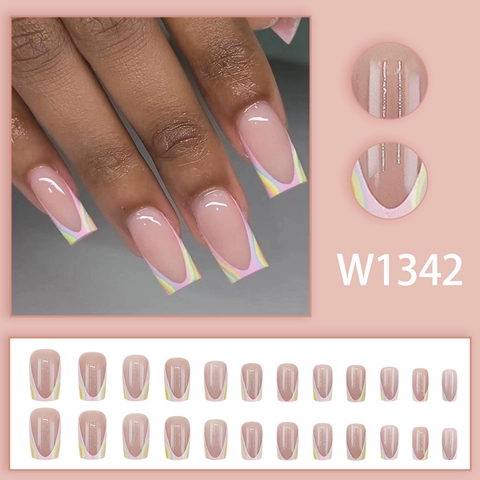 Unghie Finte French Tip Onda Colorata Arcobaleno Macaron Forma Ballerina Finitura Lucida Manicure Per Donna