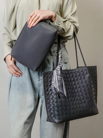 Gevlochten PU Leren Draagtas Grote Capaciteit Met Tasje En Sjaal Elegante Dames Schoudertas Urban Style