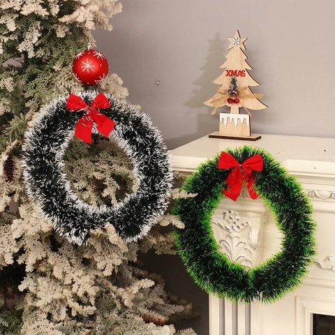Christmas Wreath Artificial Green Tinsel Garland With Red Bow Ornament For Front Door Wall Hanging Festive Decoration