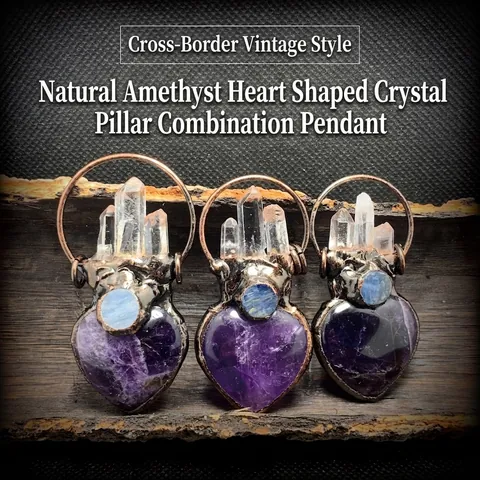 Vintage Amethyst Heart Pendant Necklace With White Crystal Pillar And Kyanite Antique Copper Bohemian Healing Jewelry