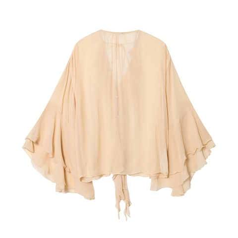 Blusa De Mujer Cuello En V Chifón Manga Larga Campana Cordones Volantes Color Sólido Elegante