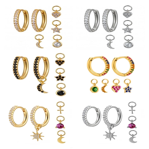 Zircon Hoop Earrings With 925 Sterling Silver Earring Post Detachable Star Moon Heart Charms Fashion Jewelry For Women