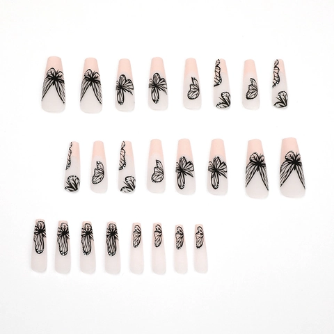 Unghie Finte Coffin Lunghe Press On Motivo Farfalla Nude Nero Stile Francese Balletto Arte Della Manicure Moda Per Donne