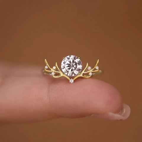 Hirschgeweih Design Ring Kupfer Mit Rundem Zirkonia Eingelegt Waldstil Elegante Mode Schmuck Für Damen