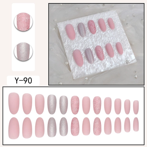 Uñas Postizas Rosa Mate Purpurina Plateada Ovalada Copo De Neve Tema Invierno Herramienta De Manicura Elegante Para Mujeres