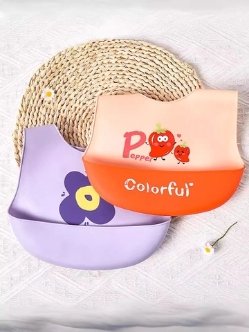 Silicone Baby Bibs Waterproof Food Grade Adjustable Soft Crumb Catcher Pocket Cartoon Print For Infants Toddlers