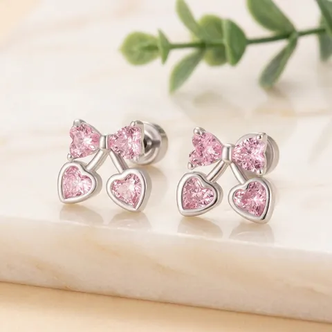 Pink Heart Cherry Cartilage Stud Earrings Titanium Steel Screw Back Bow Zircon Helix Piercing Jewelry For Women Girls