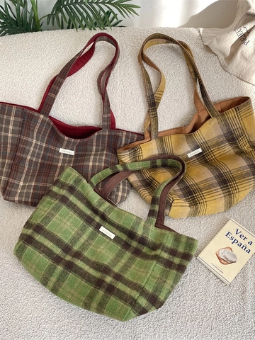 Vintage Damen Große Kapazität Tote Bag Wildleder Wolle Karo Wendbar Stickerei Schultertasche Handtasche