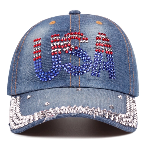 Washed Denim Baseball Cap USA Rhinestone Studded Distressed Vintage American Style Sun Hat Adjustable Outdoor Casual Fashion Cap