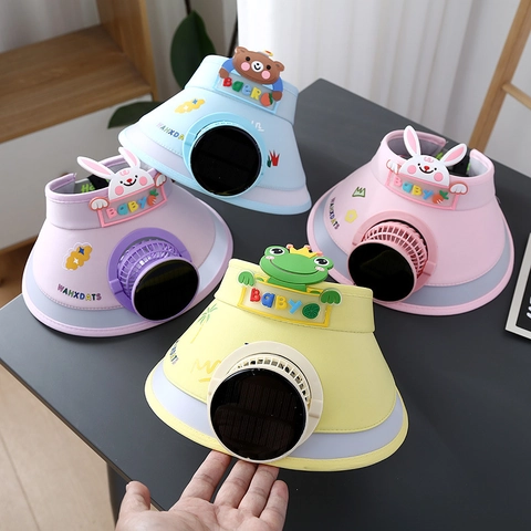 Children Summer Sun Hat With Built-In Cooling Fan Cartoon Animal Wide Brim Empty Top Cap Outdoor UV Protection Polyester Kids Cap