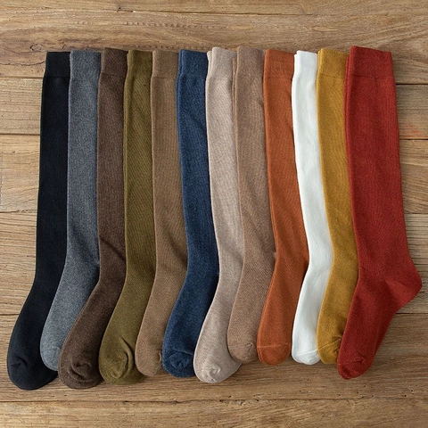 Women JK Uniform Calf Socks Japanese Style Solid Color Ribbed Knee High Socks Breathable Soft Polyester Long Stockings For Daily Wear