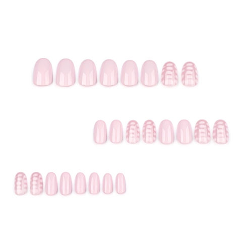 Faux Ongles Courts Ronds À Presser Rose Clair Nude Motif Grille Blanche Ongles Artificiels Brillants Pour Femmes