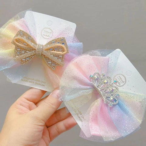 Mollette Per Capelli Con Fiocco In Maglia Sfumata Arcobaleno Con Corona Di Strass Per Bambini Ragazze Accessori Fatti A Mano