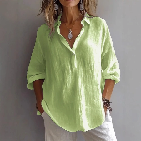 Women Casual Blouse Cotton Linen Loose V Neck Long Sleeve Solid Color Breathable Summer Shirt Tops Fashion Lightweight