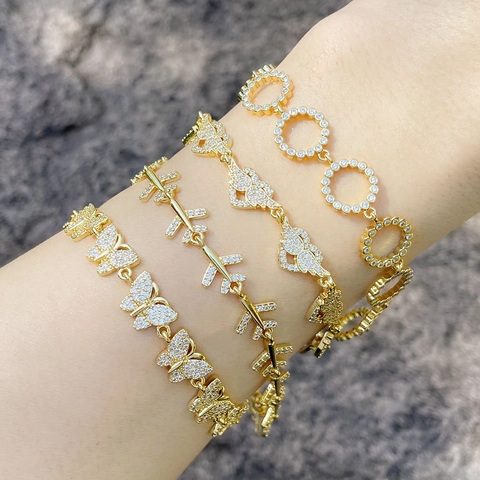 Bracelet En Cuivre Papillon Avion Coeur Cercle Doré À L'or Fin Zircon Micro-incrusté Ajustable Bijoux Vintage Pour Femmes