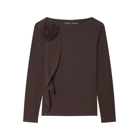 Maglietta da Donna Casual Scollo a Barca Manica Lunga Con Decorazione Floreale 3D Patchwork Maglia a Coste Tinta Unita