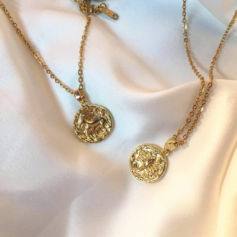 Titanium Steel 18K Gold Plated Zodiac Coin Necklace Retro Embossed Twelve Constellations Copper Pendant Necklace Jewelry Gift