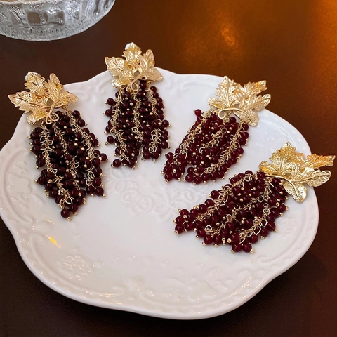 Vintage Grape Leaf Dangle Earrings With 925 Sterling Silver Earring Post Copper Red Glass Bead Tassel Jewelry For Women