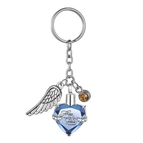 Heart Angel Wing Cremation Urn Keychain Stainless Steel Memorial Ash Holder Keepsake Crystal Pendant Jewelry For Human Pet