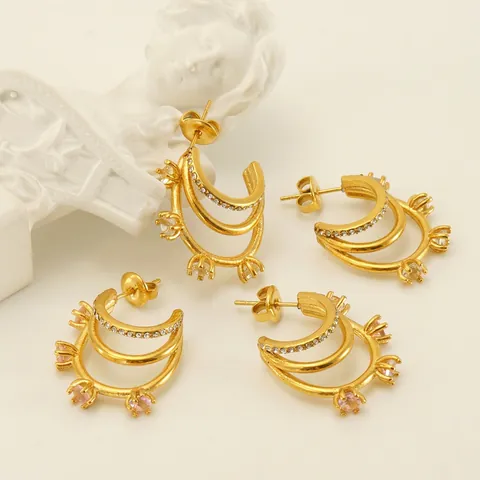 C-Vormige Meerlaagse Creolen 18K Verguld Roestvrij Staal Micro-Zirkonia Franse Retro Stijl Elegante Sieraden Voor Dames