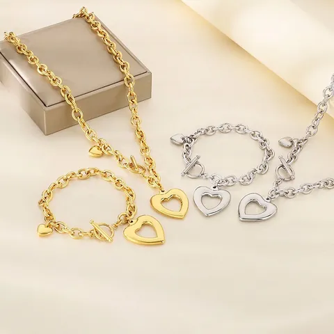 Collana E Bracciale Da Donna Con Ciondolo A Cuore Cavo Acciaio Inossidabile Chiusura OT Catena Rolo Gioielli Semplici