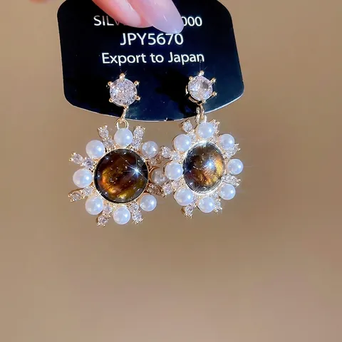 Pendientes De Girasol Vintage Ojo De Tigre Perla Artificial Circón Cobre Con Poste De Pendiente De Plata Esterlina 925 Para Mujer