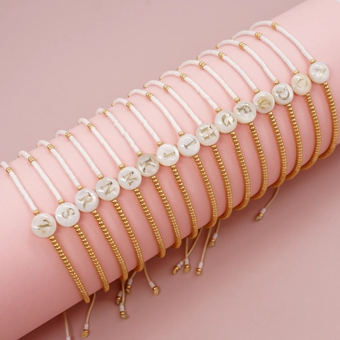 Bracciale Con Perline Fatto A Mano Miyuki Perline Di Vetro Conchiglia Lettera Iniziale Placcato Oro Regolabile Corda Tessuta