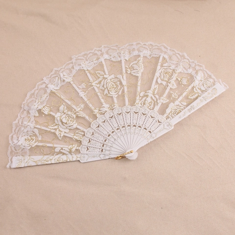 Lace Faltfächer Kunststoffrahmen Rose Blumenmuster Chinesischer Stil Dekorativer Handfächer Für Tanzparty Hochzeit