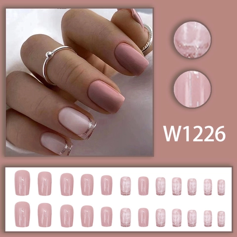 Press On Nails French Style Pink Glitter Square Round Artificial Fake Nails For Women Daily Wear Salon Elegant