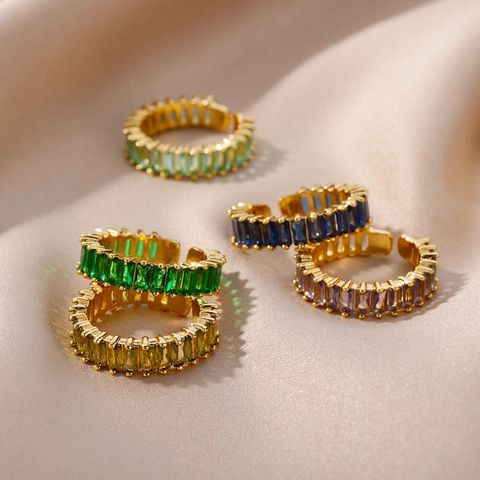 Baguette Zircon Rainbow Ring Adjustable Open Band Golden Copper Eternity Stacking Finger Jewelry For Women