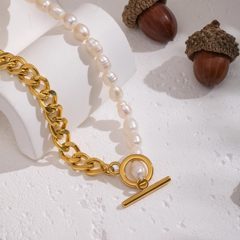 French Vintage Freshwater Pearl Necklace For Women 18K Gold Plated Stainless Steel Half Cuban Chain Toggle Choker
