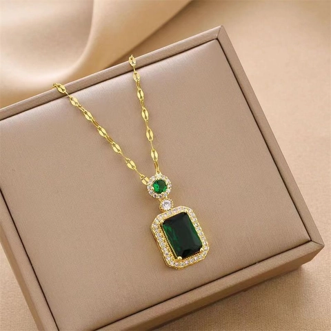 Square Gemstone Pendant Necklace Titanium Steel Copper Cubic Zirconia Halo Vintage Luxury Jewelry For Women Gold Plated