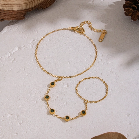 Pulsera De Esclava Retro Francesa De Acero Inoxidable Chapado En Oro Con Circón Verde Joyería Elegante De Cadena De Dedo Para Mujeres