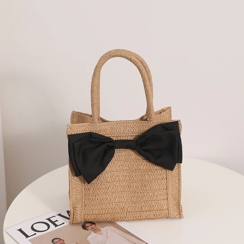 Woven Straw Handbag Large Fabric Bow Decoration Summer Beach Vacation Square Handheld Tote Bag For Women
