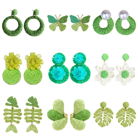 Raffia Woven Earrings Handmade Bohemian Floral Butterfly Geometric Dangle Drop Summer Beach Holiday Jewelry For Women