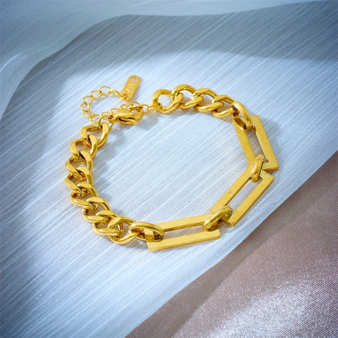 Fashion Stainless Steel Gold Plated Curb Chain Jewelry Set Heavy Metal Rectangular Link Necklace Bracelet For Women Men