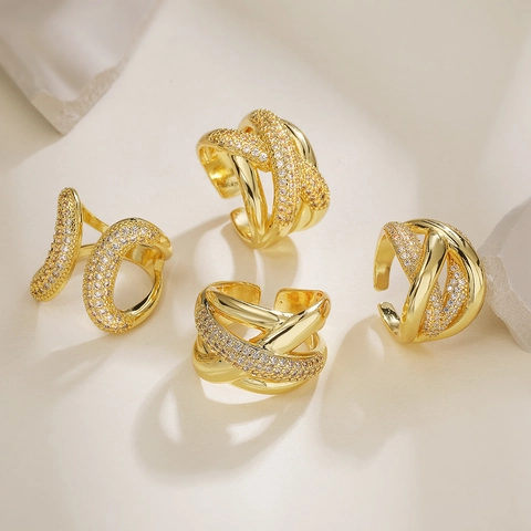 Anillo Abierto Geométrico Cobre Circón Diamante De Imitación Ajustable Lujo Irregular Chapado En Oro Joyería De Moda Para Mujeres