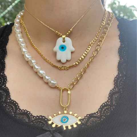 18K Gold Plated Copper Evil Eye Hamsa Hand Pendant Necklace Artificial Pearl Asymmetric Layered Chain Choker For Women