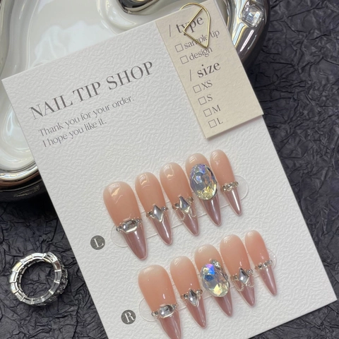 Χειροποίητα Νύχια Long Almond Stiletto Στρας Καθρέφτης Cat Eye Σχέδιο Ανάγλυφος Φιόγκος Πολυτελή Ψεύτικα Νύχια Για Γυναίκες