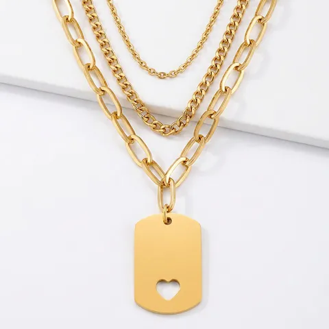Stainless Steel Double Layer Necklace With Hollow Heart Rectangular Pendant Dog Tag Figaro Chain Trendy Jewelry For Women