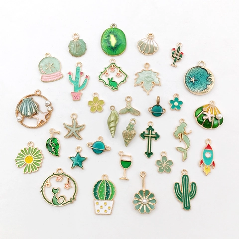 DIY Green Enamel Gold Plated Alloy Charms Pendants Cactus Flower Leaf Shell For Bracelet Necklace Jewelry Making Findings