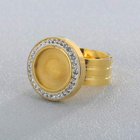 Signetring Edelstahl Vergoldet Mit Strass Rund Flach Dreischichtiges Band Vintage Hip-Hop Schmuck Für Herren